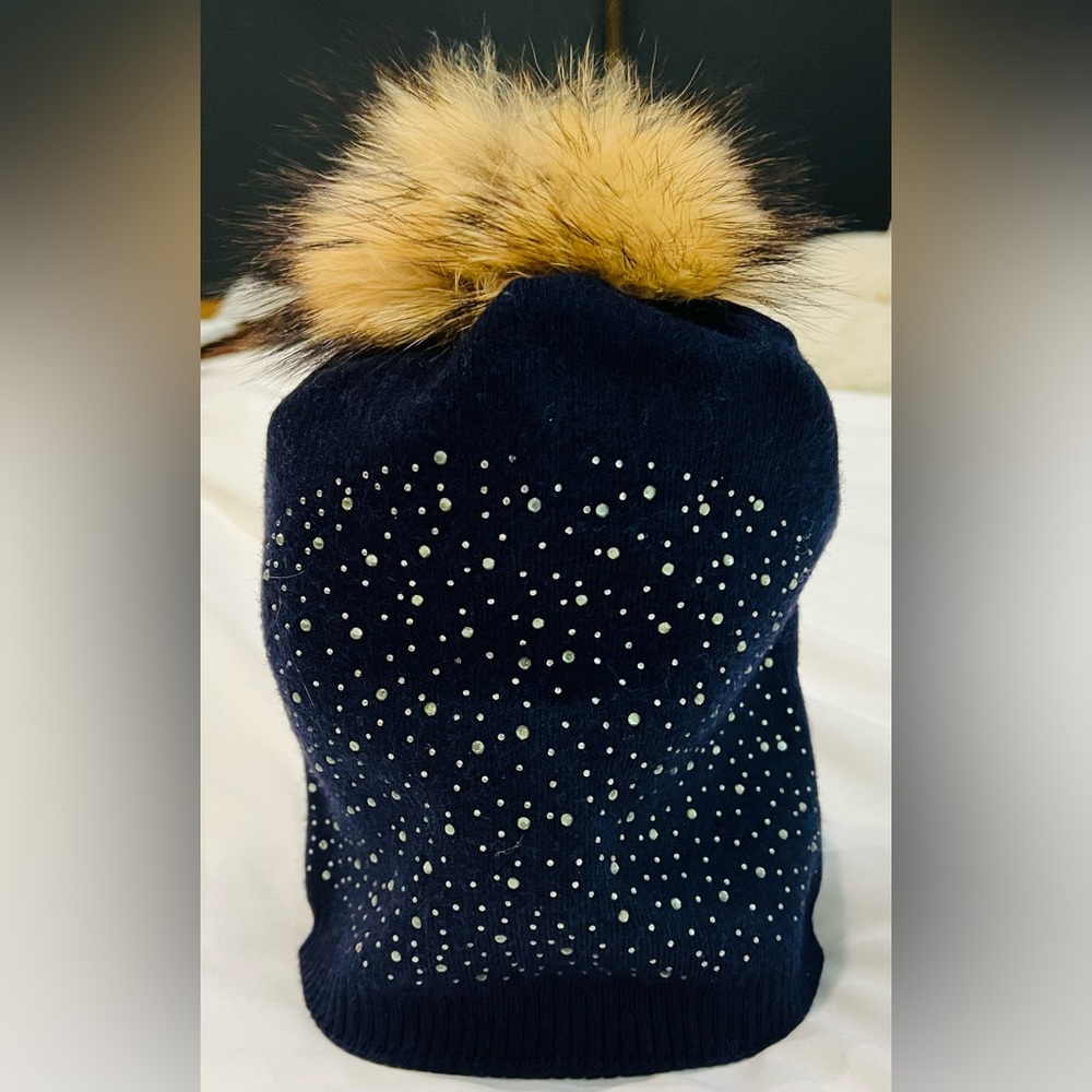 Rhinestone Cashmere Hat with Real Fur Pom Pom